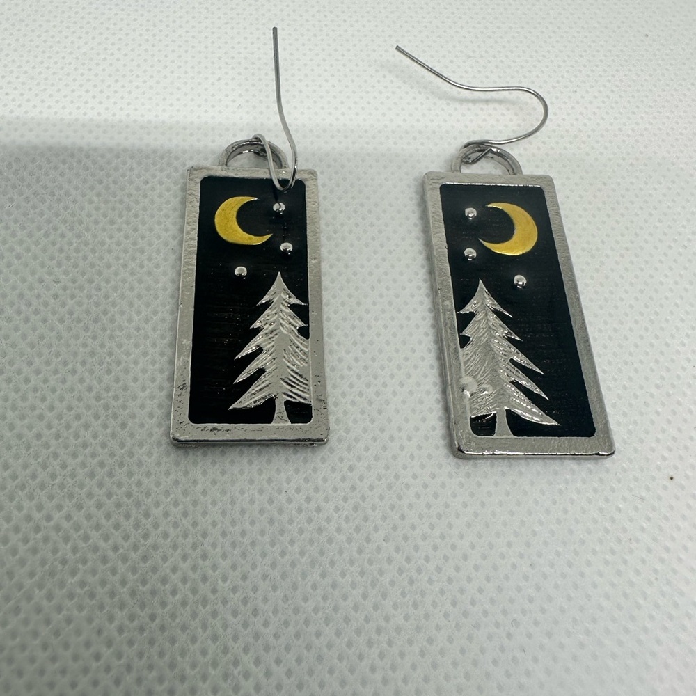 Silver and Black Tree Earrings with Moon Design